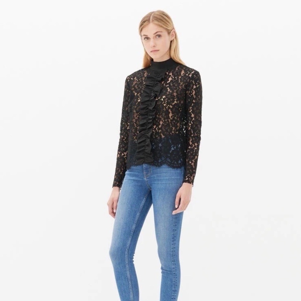 Sandro Black Sheer Floral Lace Ruffle-Front Mock Neck Long Sleeve Blouse 2/US M - Picture 3 of 12